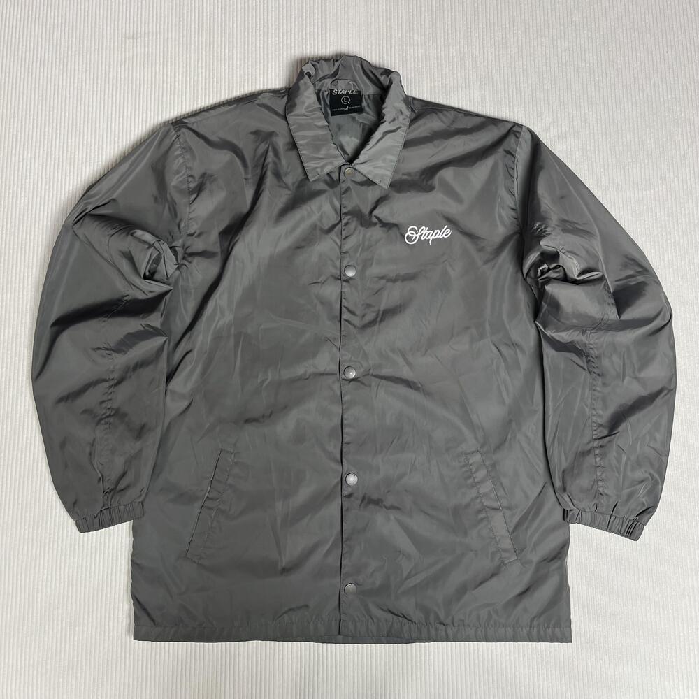 Staple Jacket Mens L Gray Nylon Snap Front Windbreaker Logo Lined Lightweight